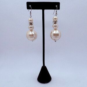 Vintage Faux Pearl Large Disco Ball Dangle Earrings Silver Tone 3”
